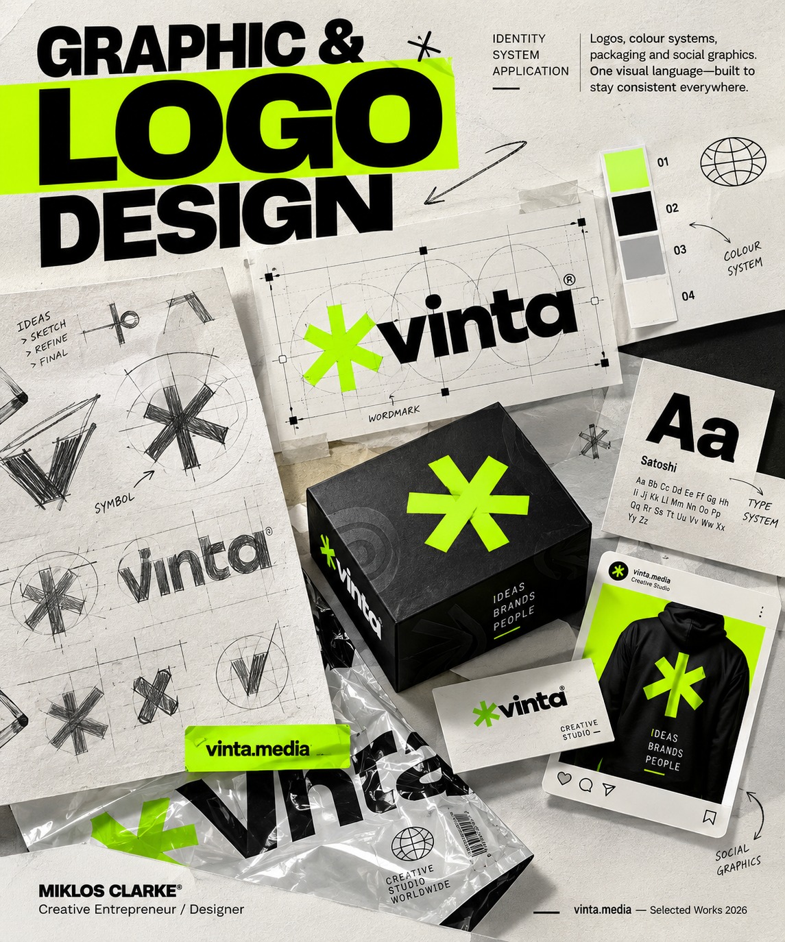 Vinta graphic and logo design identity system board